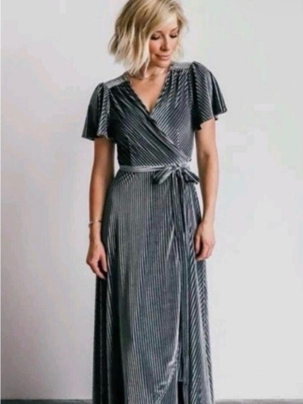 Baltic Born Silver-Gray Striped Wrap Maxi Dress